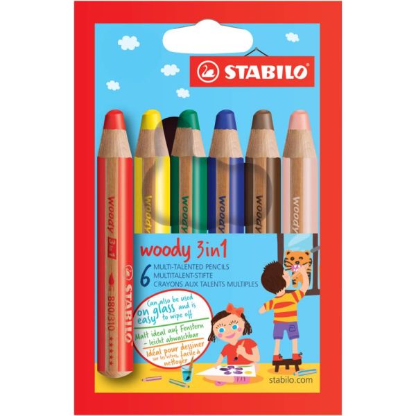 Matite colorate Stabilo Woody 3 in 1 punta larga - colori assortiti astuccio di cartone da 6 pezzi + temperino 8806-2