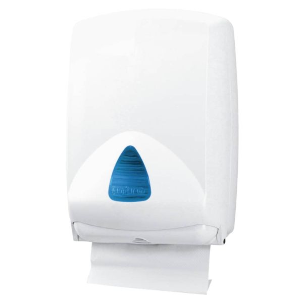Distributore maxi di carta asciugamani Hylab in ABS - 500 ff bianco vetrino blu con accessori FAA regolabili IN-FO1/WRN