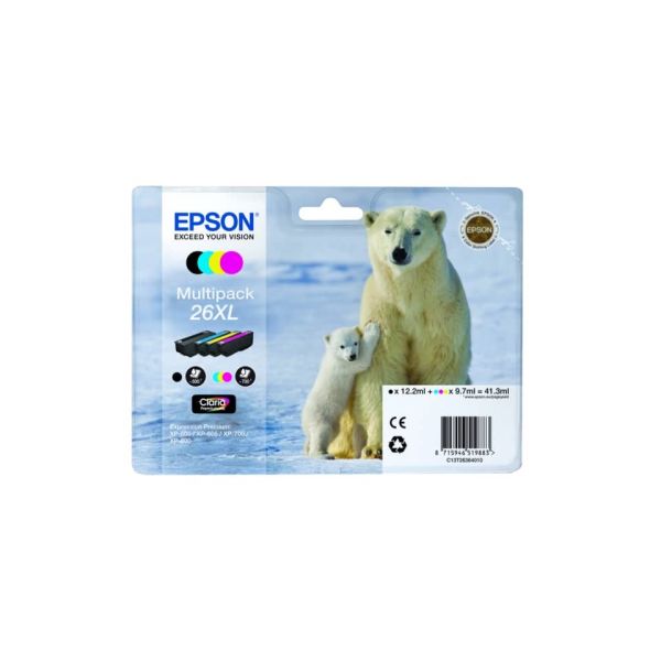 Cartucce inkjet alta resa Orso polare 26XL Epson n+c+m+g Conf. 4 - C13T26364010