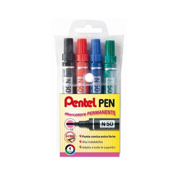 Marcatore permanente Pentel Pen N50 punta conica 4,3 mm assortiti 4 pezzi - 0050503