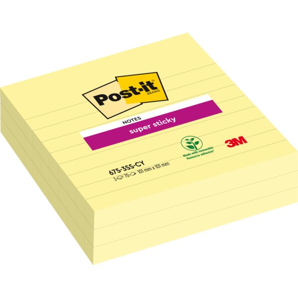 Foglietti riposizionabili Post-it® Super Sticky XL a righe 10x10 cm 70 ff Giallo Canary™  conf. da 3 - 675-SS3-CY-EU