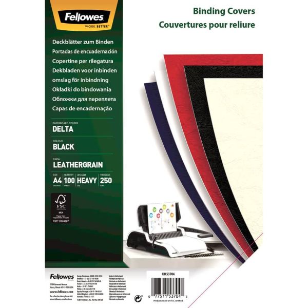 Copertine per rilegatrici FELLOWES Delta goffrate cartoncino nero A4 250 g/m² conf. 100 pezzi - 5370405