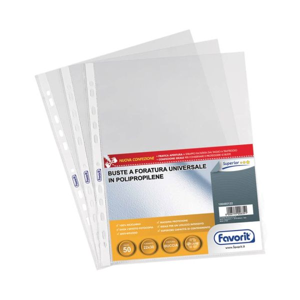 Buste trasp. a foratura universale FAVORIT buccia d'arancia superior 22x30 cm  conf. da 50 - 100460122