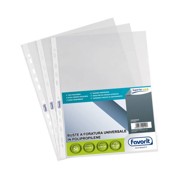 Buste trasp. a foratura universale FAVORIT liscia superior 21x29,7 cm conf. da 50 - 100460025