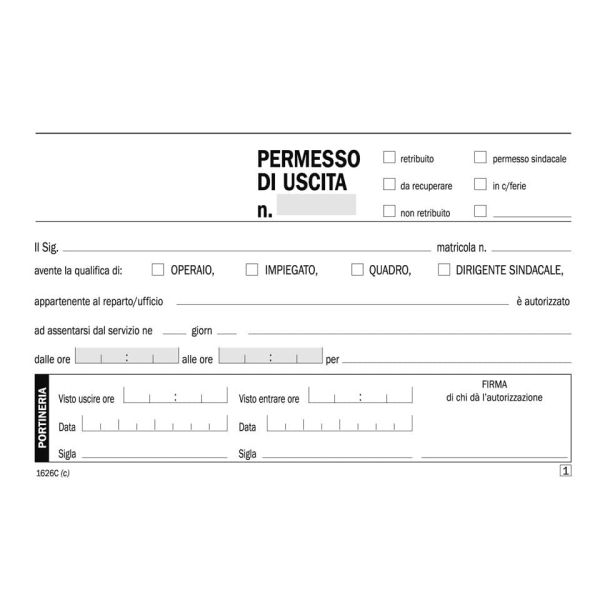 Blocco permessi di uscita Data Ufficio 10x16,8 cm - 50x2 copie autoricalcanti DU1626C0000