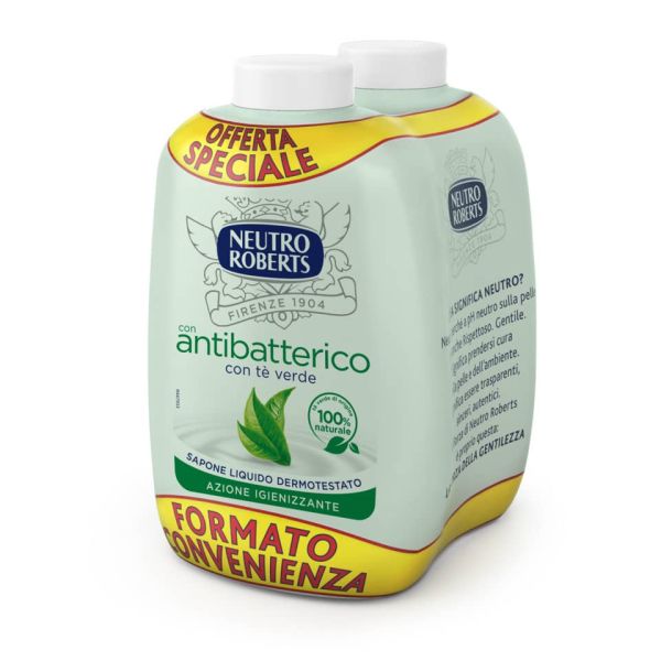 Ricarica sapone Neutro Roberts Antibatterico con tè verde - 200 ml Conf 2 pezzi - R908765