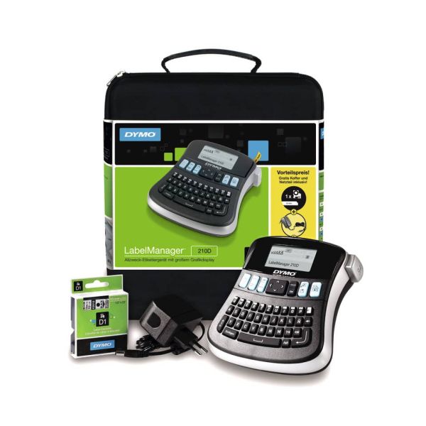 Kit case etichettatrice Dymo Label Manager 210D con alimentatore e 1 nastro D1 12mm x 7m nero e argento - 2094492