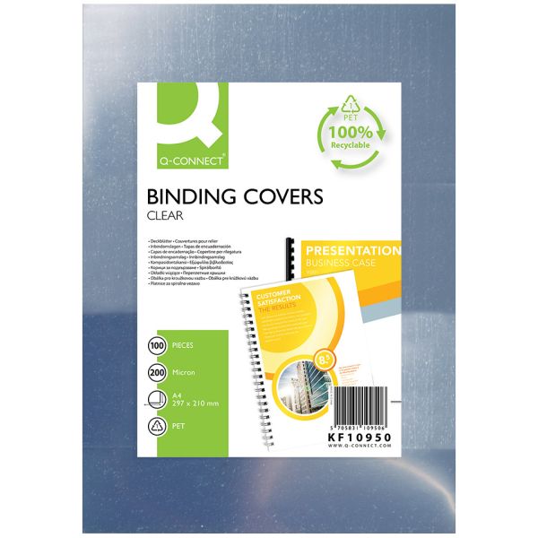 Copertine lucide per rilegatura Q-Connect in PET A4  200 micron - conf. 100 pezzi - KF10950