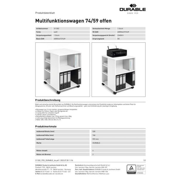Mobiletto multifunzione Durable 74/59 aperto bianco 528x748x592 mm - 3113-02