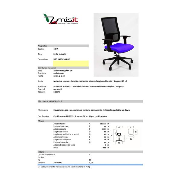 Sedia operativa girevole Unisit Nereide NDA schienele in rete - rivestimento Eco nero - con braccioli - NDA/BRTM/EN