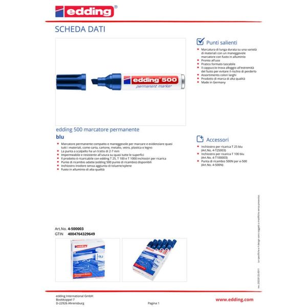 Marcatore permanente edding 500 punta scalpello 2-7 mm blu E-500 003