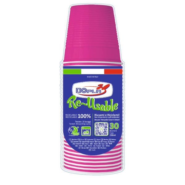 Bicchieri fucsia in polistirene conf. 30 pz Dopla Reusable 230 ml 22619