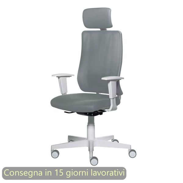 Poltrona semi-direzionale Liberty Syncro Seditaly scocca bianca tessuto ignifugo con poggiatesta grigio scuro