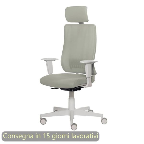 Poltrona semi-direzionale Liberty Syncro Seditaly scocca bianca tessuto ignifugo con poggiatesta écru - L2GPS1TDGDM24