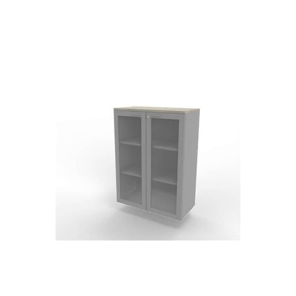 Armadio medio ante vetro telaio MDF, top cemento scocca argento 90x45xH.123,2 cm Practika Quadrifoglio - ECEM90T-CL-AA-V3