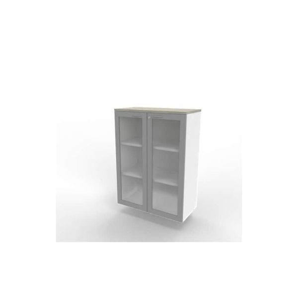 Armadio medio ante vetro telaio MDF, top cemento scocca bianca 90x45xH.123,2 cm Practika Quadrifoglio - ECEM90T-CL-BA-V3
