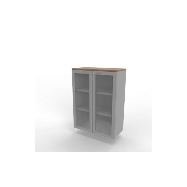 Armadio medio ante vetro telaio MDF, top noce canaletto scocca argento 90x45xH.123,2 cm - ECEM90T-NO-AA-V3