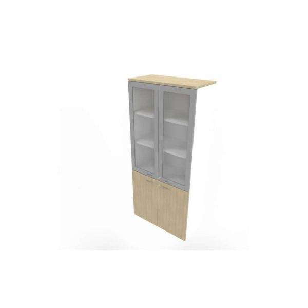 Armadio alto con ante basse rovere e alte in vetro telaio MDF scocca bianca 90x45xH.200 cm - ECE490T-RK-BA-V3