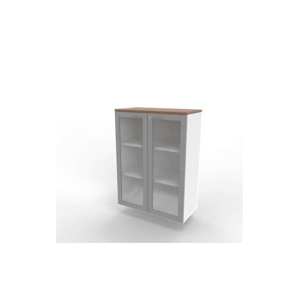 Armadio medio ante vetro telaio MDF, top noce canaletto scocca bianca 90x45xH.123,2 cm - ECEM90T-NO-BA-V3