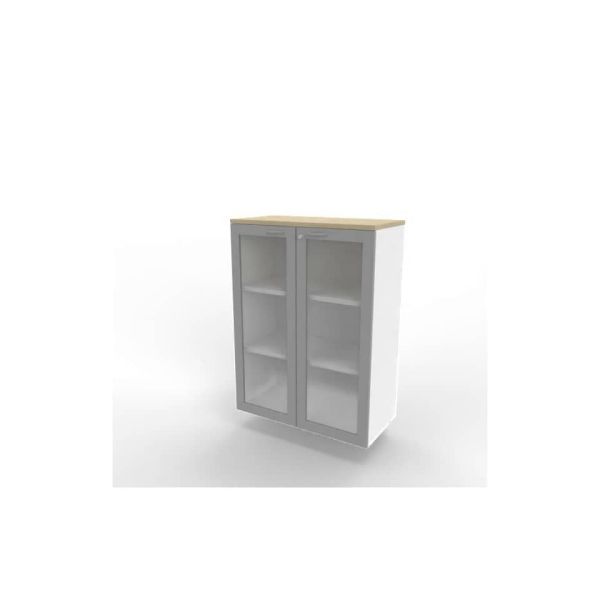 Armadio medio ante vetro telaio MDF, top rovere scocca bianca 90x45xH.123,2 cm Practika Quadrifoglio - ECEM90T-RK-BA-V3