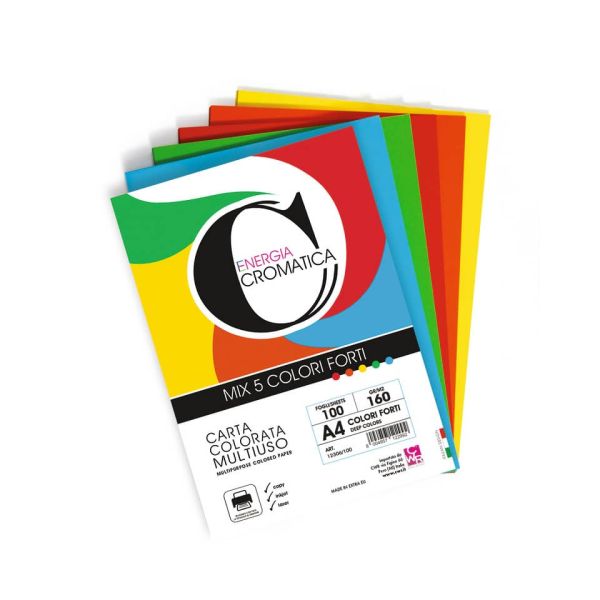 Carta colorata Deco Cromatica colori forti formato A4 - 5 colori assortiti in 100 ff - 160 gr - 12306/100