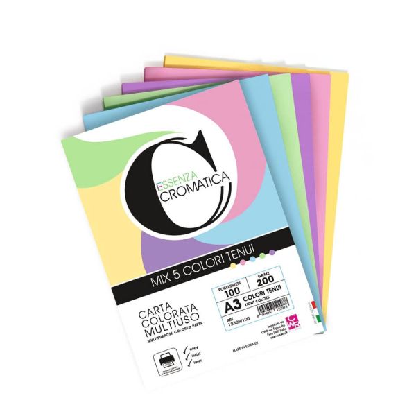 Carta colorata Deco Cromatica colori tenui formato A3 100 ff - 5 colori assortiti 200 gr - 12309/100