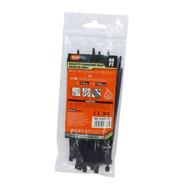 Fascette fermacavo in nylon Emi - 150x3,6 mm - colore nero - conf. 40 pezzi - 8107777
