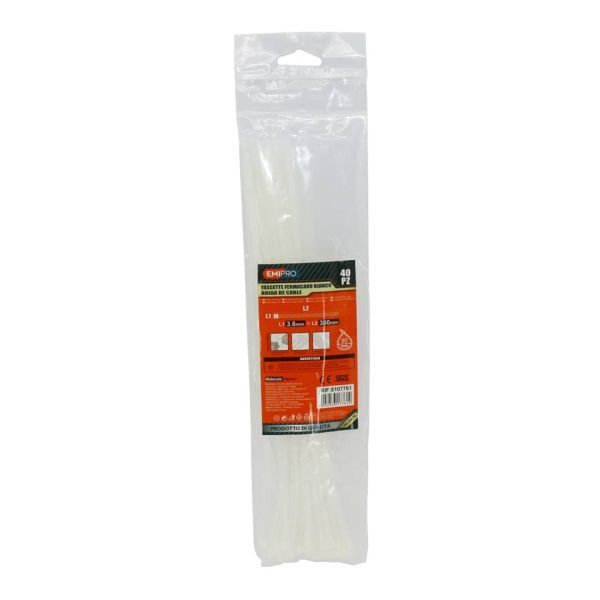 Fascette farmacavo in nylon Emi - 300x3,6 mm - colore bianco - conf. 40 pezzi - 8107761