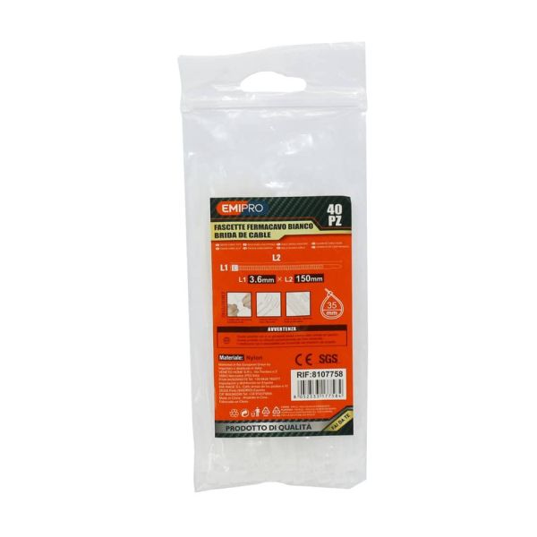 Fascette farmacavo in nylon Emi - 150x3,6 mm - colore bianco - conf. 40 pezzi - 8107758