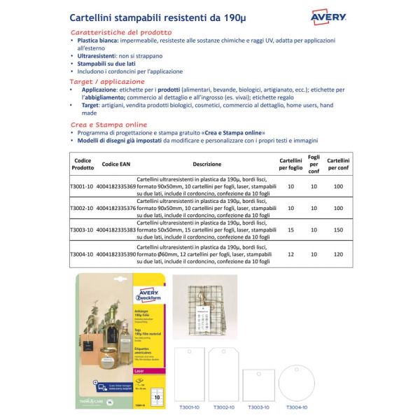 Cartellini micro-perforati Avery ultraresistenti in plastica 190µ tondi bordi lisci in conf. da 120 pz T3004-10