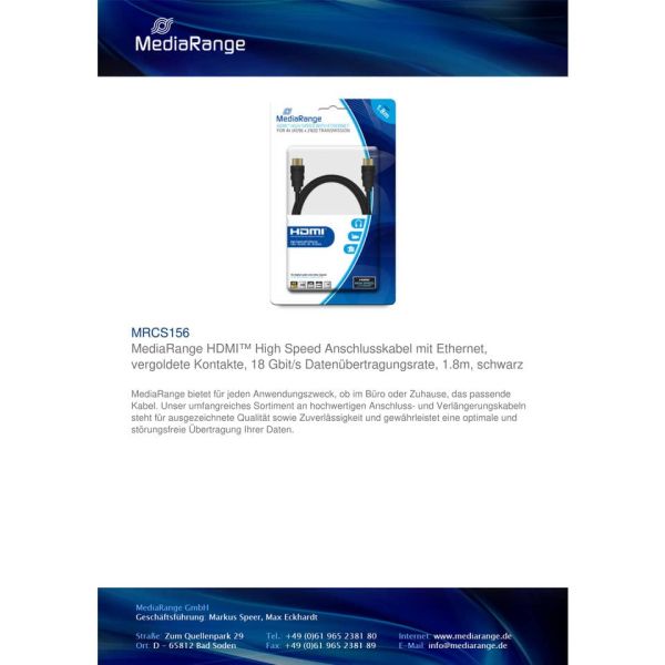 Cavo di collegamento Media Range HDMI ad alta velocità con Ethernet contatti dorati 18 Gbit/s 1,8mt  - MRCS156