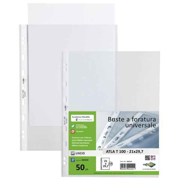Buste in PP liscio Sei Rota Atla T 100 - medio spessore trasparente 22x30 cm - conf. 50 pezzi - 662114