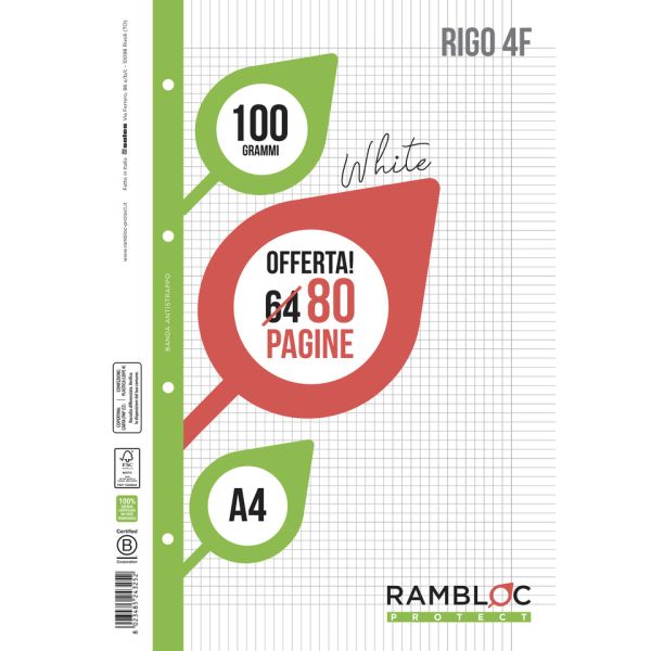 Ricambio quaderni ad anelli Rambloc formato A4 -32 ff +8 ff Rigo 4F 90524325