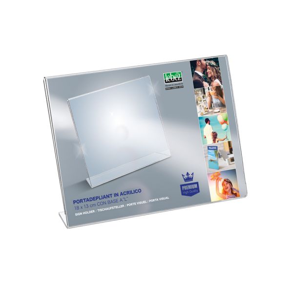 Portadepliant in acrilico con base a L Lebez formato 18x13 cm - orizzontale - trasparente - 7042