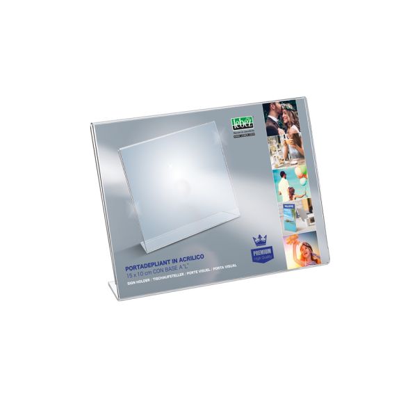 Portadepliant in acrilico con base a L Lebez formato 15x10 cm - orizzontale - trasparente - 7041