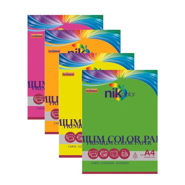 Carta colorata fluo formato A4 Nikoffice 4 colori assortiti fluo 80 g - 100 ff - 23NIK118