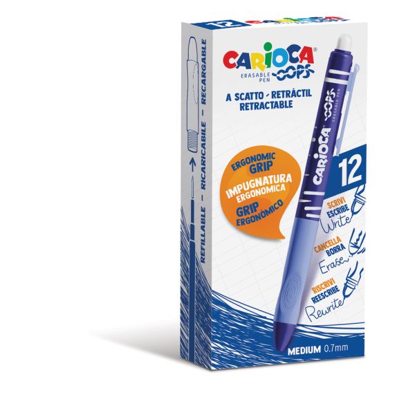 Penne a scatto cancellabili Carioca OOPS inchiostro termosensibile M 0,7 mm conf. da 12 blu - 43043/02