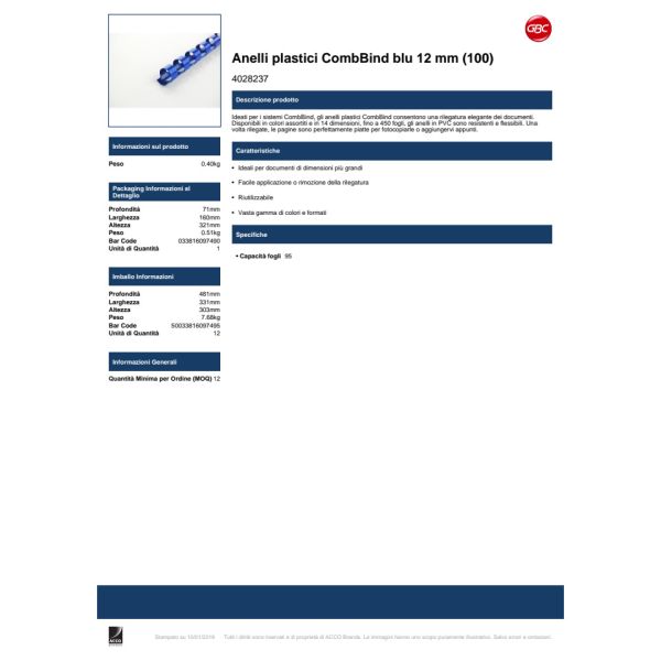 Dorsi plastici CombBind a 21 anelli - 12 mm A4 - fino a 95 fogli - conf da 100 dorsi GBC blu - 4028237