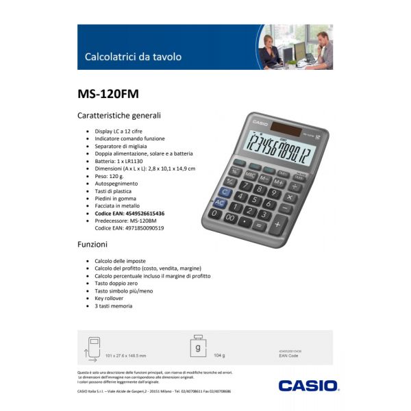 Calcolatrice da tavolo CASIO solare o batteria argento - display 12 cifre MS-120FM-WA-EP