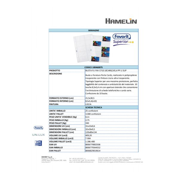 Buste a foratura universale Favorit porta cards liscia superior 8,5x5,4 cm (x10 tasche) conf. da 10 - 100460075