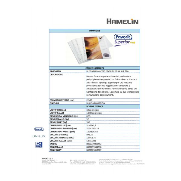 Buste trasp. a foratura universale FAVORIT aperte buccia d'arancia superior 22x30 cm  conf. da 50 - 100460074