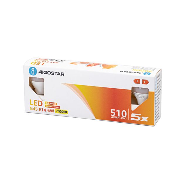Lampadine LED Aigostar G45 E14 6W luce calda - conf. 5 pz - 3000K 331702