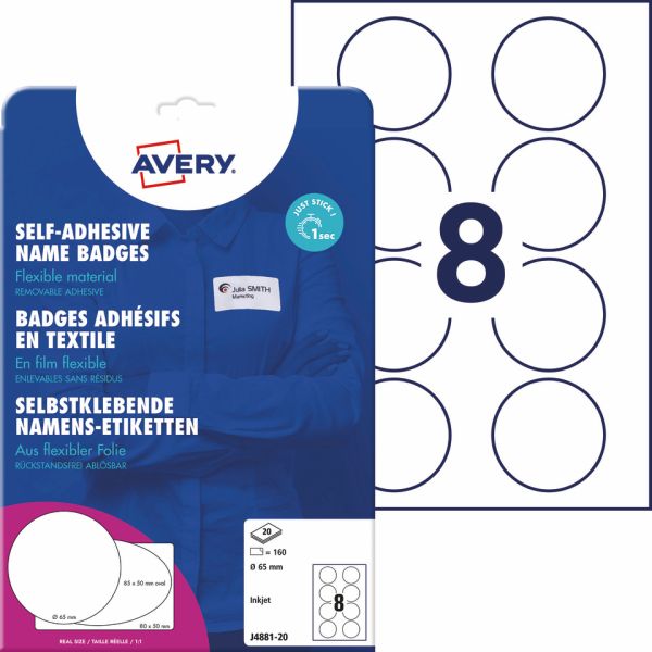 Badge adesivi per tessuti rotondi Avery Ø 65 mm - 8 et/foglio - stampanti inkjet Conf. 20 fogli -  J4881-20