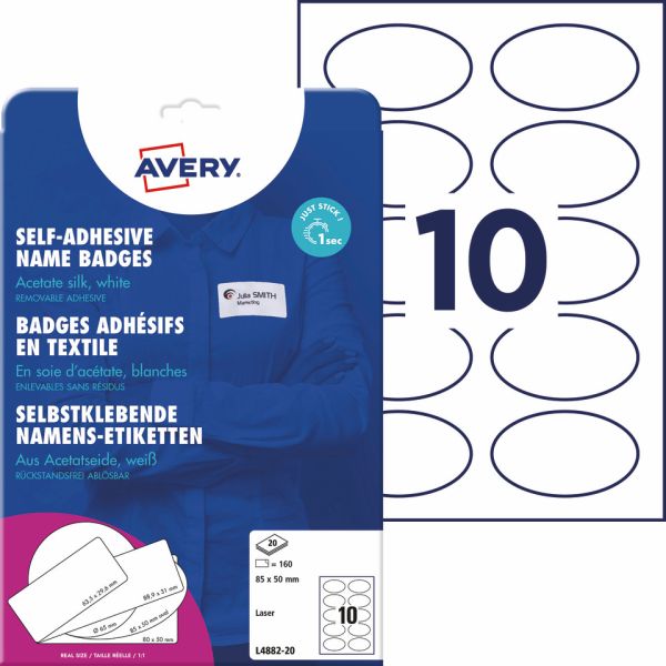 Badge adesivi per tessuti ovali Avery 85x50 mm - 10 et/foglio - stampanti laser - Conf. 20 fogli L4882-20