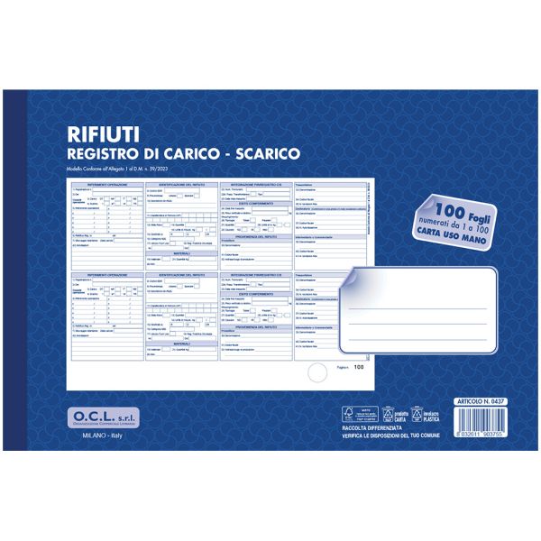 Registro carico-scarico rifiuti O.C.L. - conf. 10 blocchi - carta usomano 1-100 fogli 31x21 cm - 0437