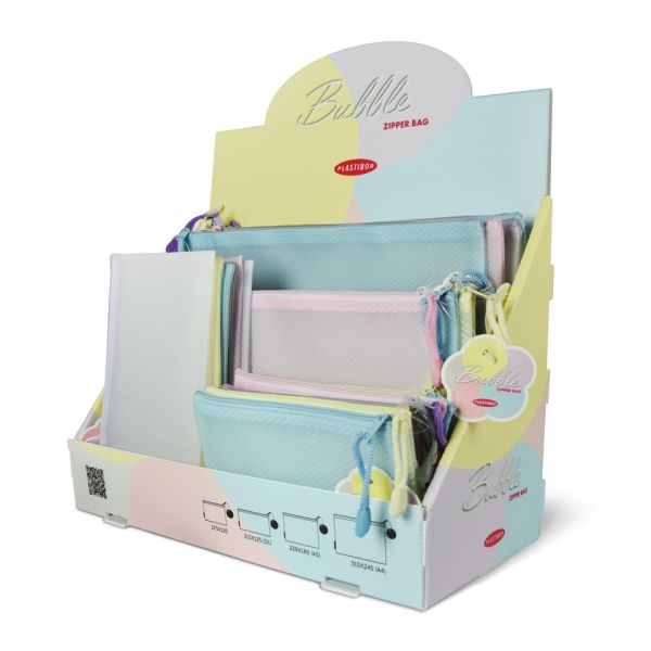 Espositore 40 buste Plastibor Bubble in EVA con zip cucita in tessuto - formati e colori pastello assortiti - P9431090