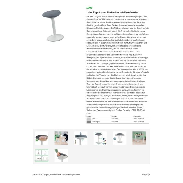 Sgabello Active Comfort da seduta ergonomico Leitz Ergo grigio chiaro - 370x460x377 mm - 65440085