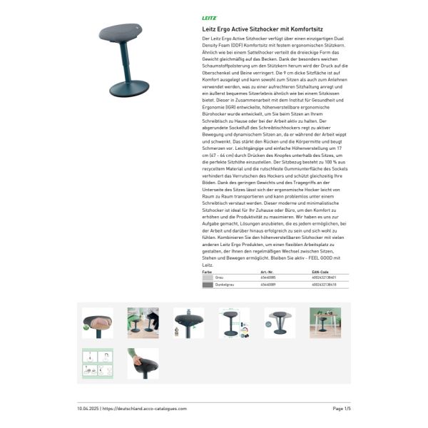 Sgabello Active Comfort da seduta ergonomico Leitz Ergo grigio scuro - 370x460x377 mm - 65440089