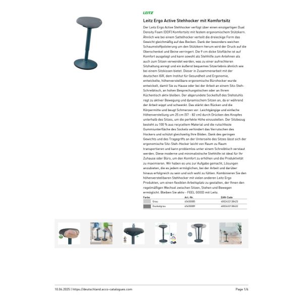 Sgabello Active Comfort in piedi ergonomico Leitz Ergo grigio scuro - 370x610x377 mm - 65450089