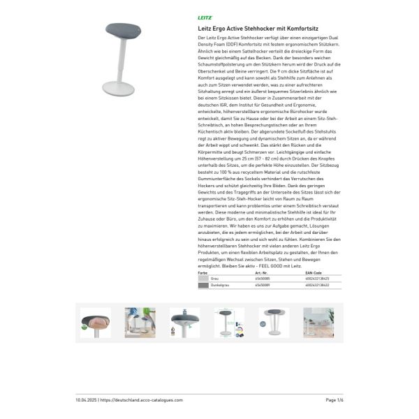 Sgabello Active Comfort in piedi ergonomico Leitz Ergo grigio chiaro - 370x610x377 mm - 65450085